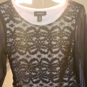 R&M Richards Women's black & tan lace Cocktail dress with sheer sleeves Size 12